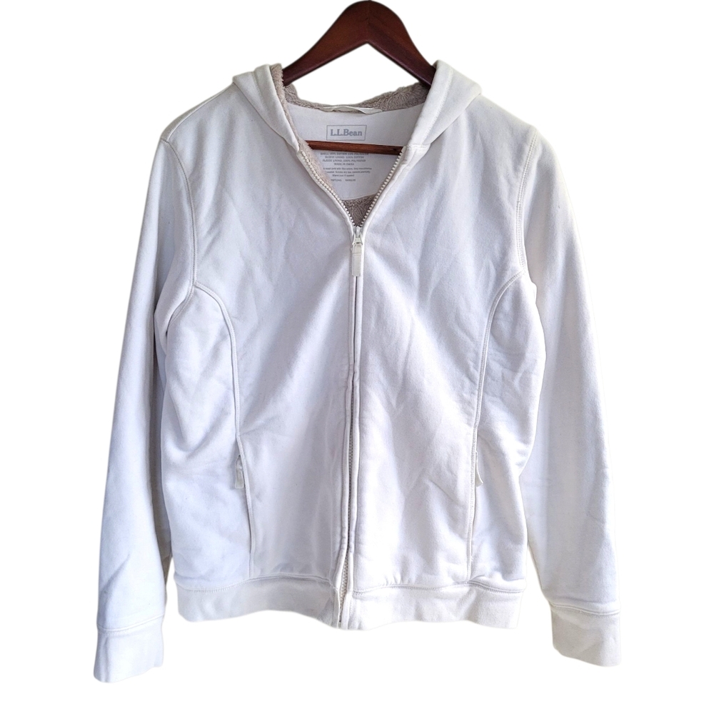 LL Bean Fleece Lined Hooded Sweatshirt Full Zip Jacket White Cream Womens Small